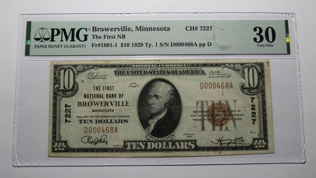 $10 1929 Browerville Minnesota MN National Currency Bank Note Bill 7227 VF30 PMG