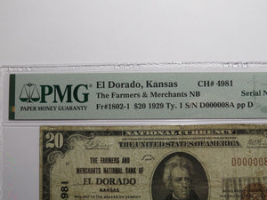 $20 1929 El Dorado Kansas KS National Currency Bank Note Bill Ch. #4981 F15 PMG