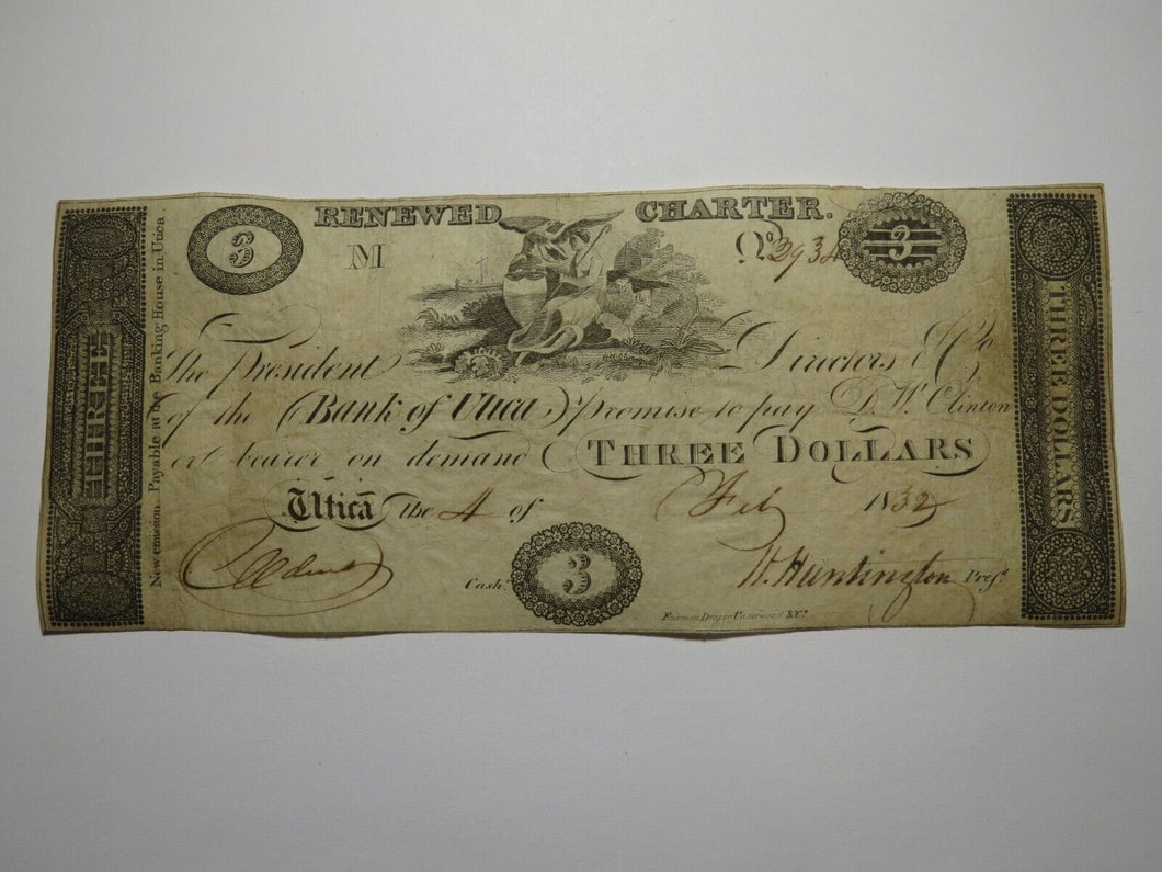 $3 1832 Utica New York NY Obsolete Currency Bank Note Bill Bank of Utica