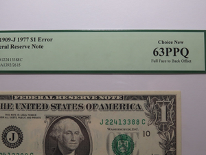 $1 1977 Full Face to Back Offset Error Federal Reserve Bank Note Bill NEW63 PCGS
