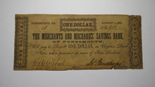 Load image into Gallery viewer, $1 1861 Portsmouth Virginia VA Obsolete Currency Bank Note Bill! Mechanics Bank