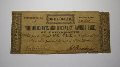 $1 1861 Portsmouth Virginia VA Obsolete Currency Bank Note Bill! Mechanics Bank
