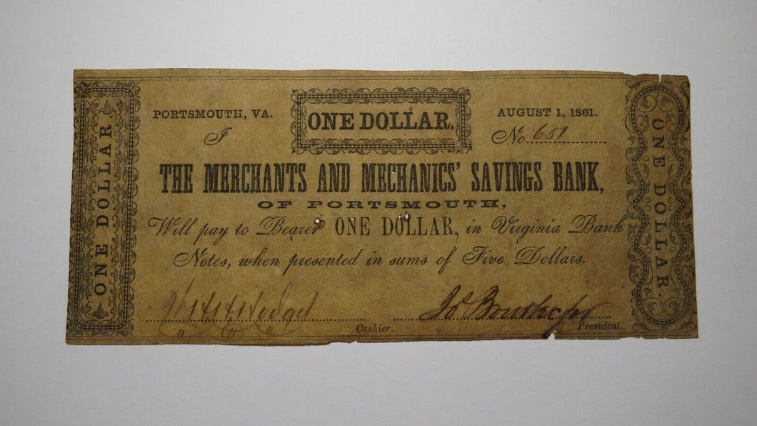 $1 1861 Portsmouth Virginia VA Obsolete Currency Bank Note Bill! Mechanics Bank