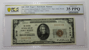$20 1929 Fort Scott Kansas KS National Currency Bank Note Bill #3175 VF35 PCGS