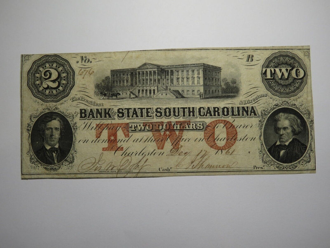 $2 1861 Charleston South Carolina SC Obsolete Currency Bank Note Bill Bank of SC