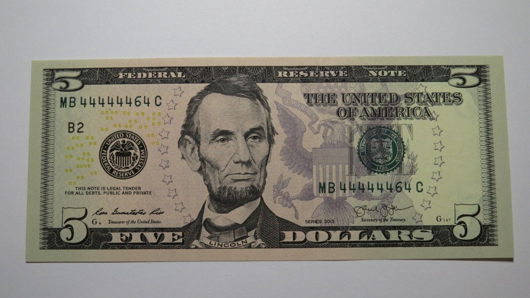 $5 2013 Near Solid Serial Number Federal Reserve Bank Note Bill UNC++ #44444464
