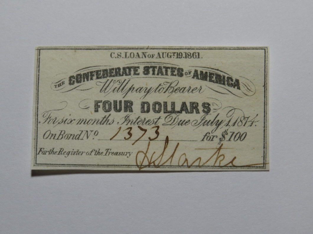 $4 1861 Confederate Bond Coupon Certificate Currency Bank Note Bill UNC