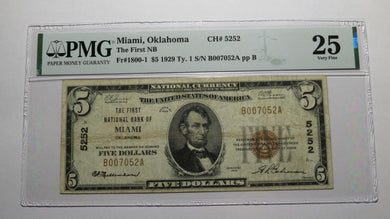 $5 1929 Miami Oklahoma OK National Currency Bank Note Bill Ch. #5252 VF25 PMG