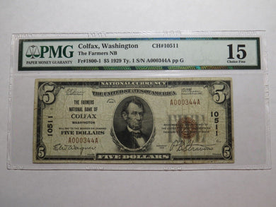 $5 1929 Colfax Washington WA National Currency Bank Note Bill Ch. #10511 F15 PMG