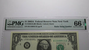 $1 2003 Radar Serial Number Federal Reserve Currency Bank Note Bill PMG UNC66EPQ