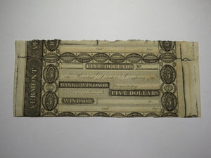 $5 18__ Windsor Vermont Obsolete Currency Bank Note Bill Remainder UNC+ Miscut!