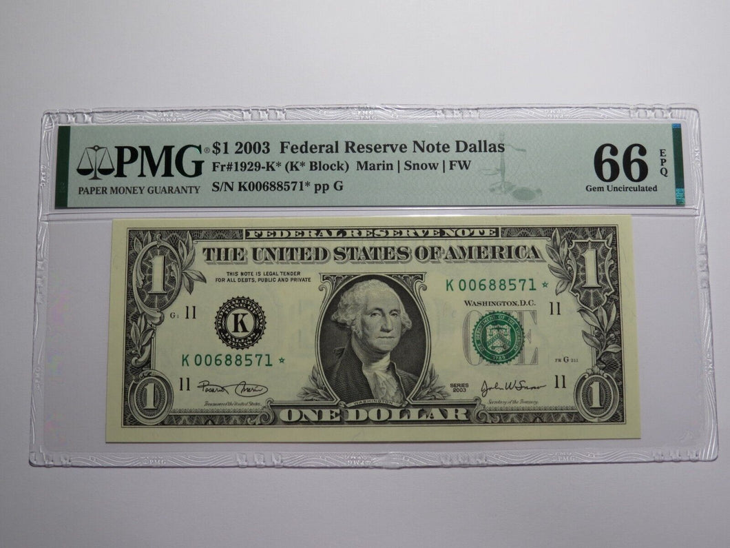 $1 2003 Federal Reserve Star Note Currency Bank Note Bill Choice Gem 66EPQ PMG