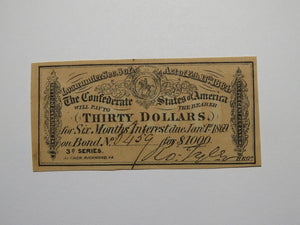 $30 1864 Confederate Bond Coupon Certificate Currency Bank Note Bill UNC+