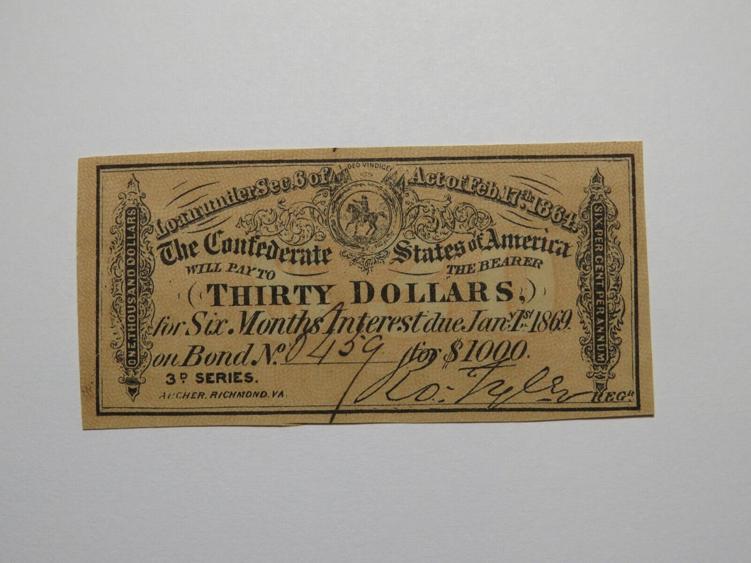 $30 1864 Confederate Bond Coupon Certificate Currency Bank Note Bill UNC+