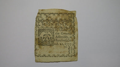 1777 Seven Pence Hartford Connecticut CT Colonial Currency Note Bill Rare Issue