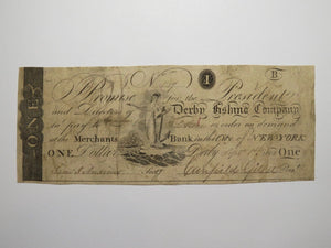 $1 1808 Derby Connecticut CT Obsolete Currency Bank Note Bill Derby Fishing Co.