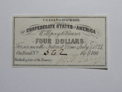 $4 1861 Confederate Bond Coupon Certificate Currency Bank Note Bill UNC