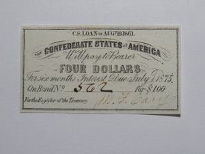 $4 1861 Confederate Bond Coupon Certificate Currency Bank Note Bill UNC