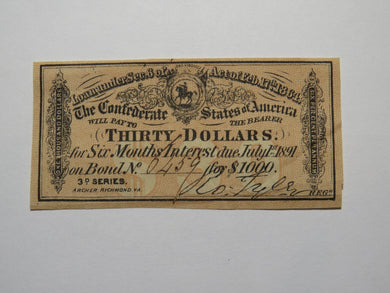 $30 1864 Confederate Bond Coupon Certificate Currency Bank Note Bill UNC