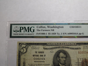 $5 1929 Colfax Washington WA National Currency Bank Note Bill Ch. #10511 F15 PMG