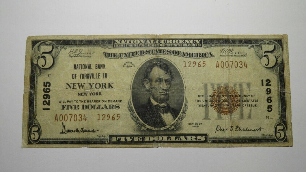 $5 1929 New York City NY National Currency Bank Note Bill Ch. #12965 RARE