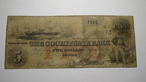 $5 1852 Boston Massachusetts MA Obsolete Currency Bank Note Bill Cochituate Bank