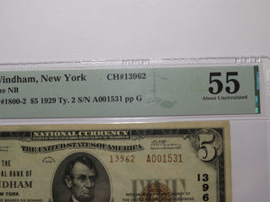 $5 1929 Windham New York NY National Currency Bank Note Bill Ch. #13962 AU55 PMG