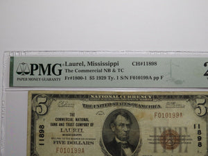 $5 1929 Laurel Mississippi National Currency Bank Note Bill Ch. #11898 VF25 PMG