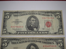 Load image into Gallery viewer, 2 $5 1963 Lincoln Red Seal Legal Tender Currency Notes Bank Bill VF Condition