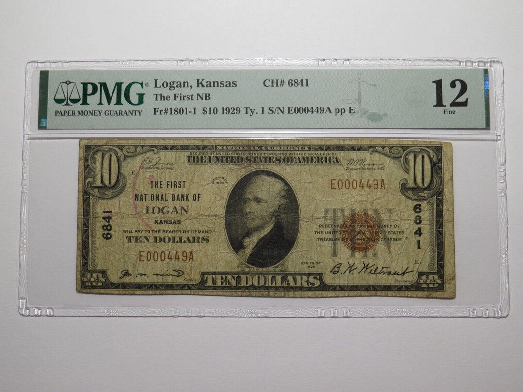 $10 1929 Logan Kansas KS National Currency Bank Note Bill Charter #6841 F12 PMG