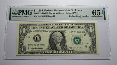 $1 1995 Radar Serial Number Federal Reserve Currency Bank Note Bill PMG UNC65EPQ
