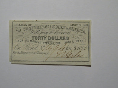 $40 1861 Confederate Bond Coupon Certificate Currency Bank Note Bill UNC