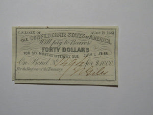 $40 1861 Confederate Bond Coupon Certificate Currency Bank Note Bill UNC