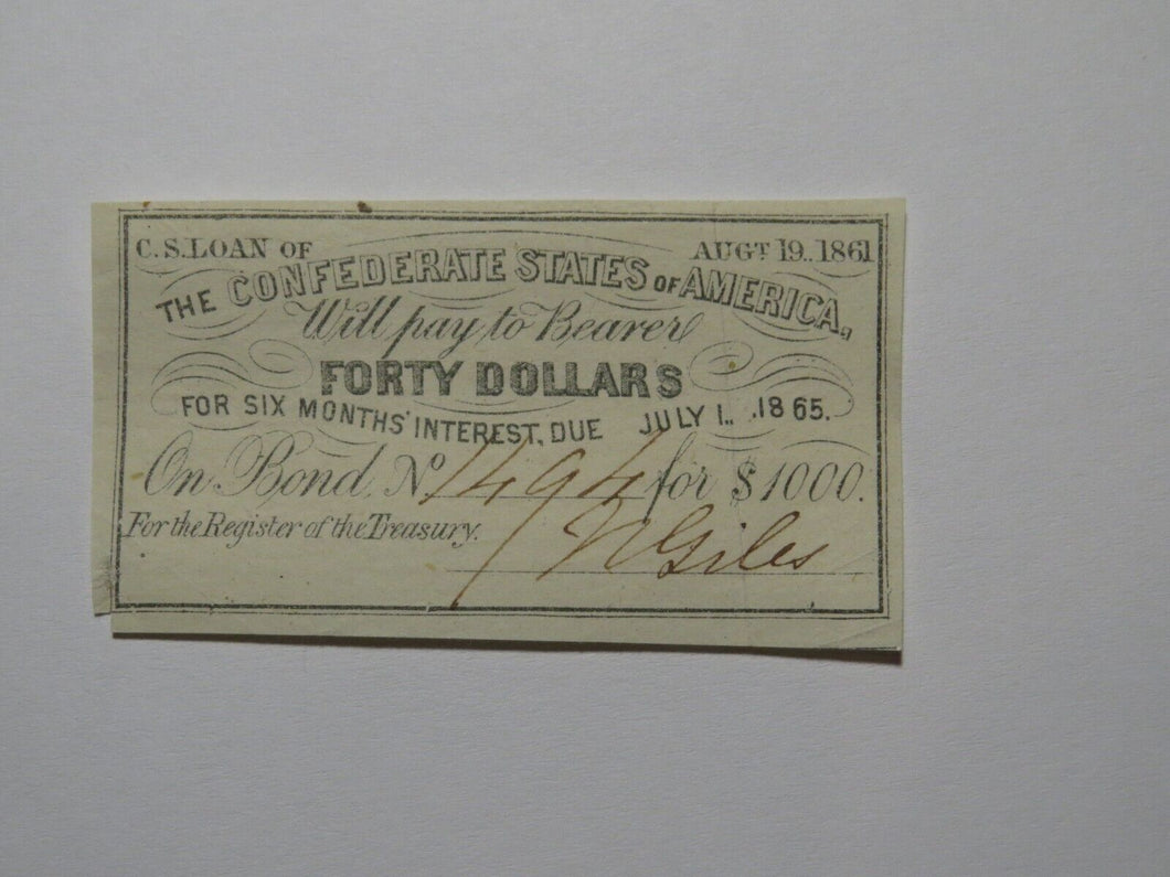 $40 1861 Confederate Bond Coupon Certificate Currency Bank Note Bill UNC