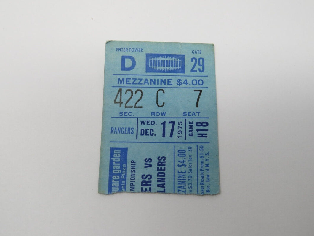 December 17, 1975 New York Rangers Vs New York Islanders NHL Hockey Ticket Stub