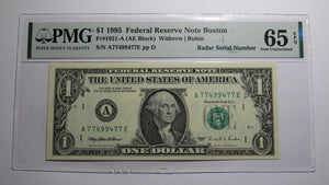 $1 1995 Radar Serial Number Federal Reserve Currency Bank Note Bill PMG UNC65EPQ