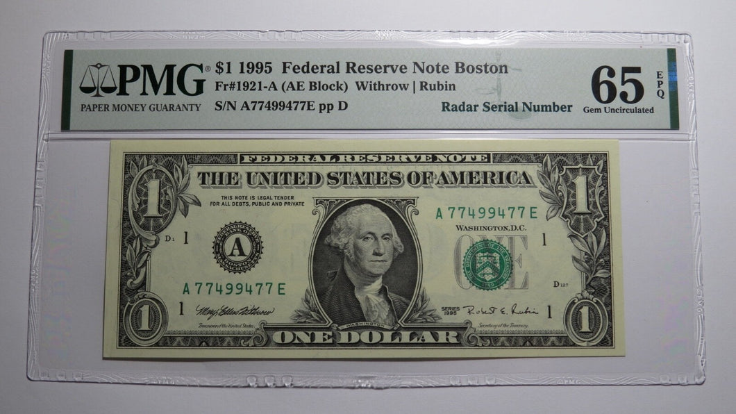 $1 1995 Radar Serial Number Federal Reserve Currency Bank Note Bill PMG UNC65EPQ
