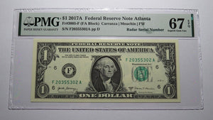 $1 2017 Radar Serial Number Federal Reserve Currency Bank Note Bill PMG UNC67EPQ