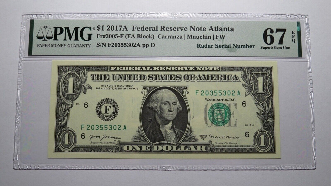 $1 2017 Radar Serial Number Federal Reserve Currency Bank Note Bill PMG UNC67EPQ