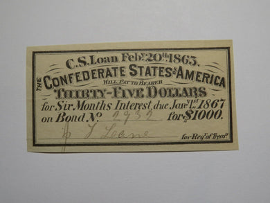 $35 1863 Confederate Bond Coupon Certificate Currency Bank Note Bill UNC