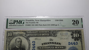 $10 1902 Franklin New Hampshire NH National Currency Bank Note Bill #2443 VF20