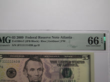 Load image into Gallery viewer, $5 2009 Fancy Near Solid Serial Number Federal Reserve Bank Note Bill #11111143
