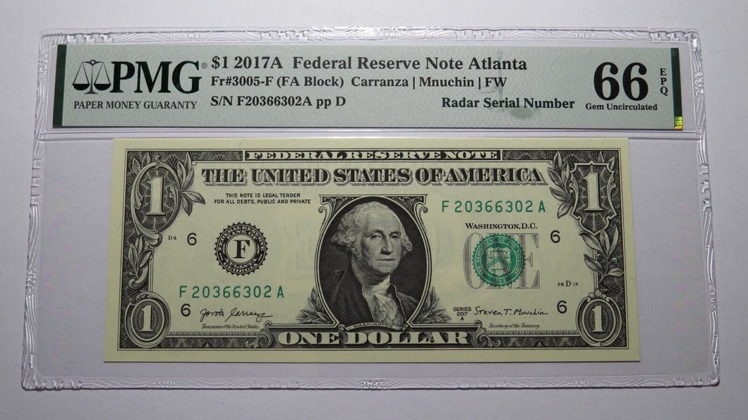 $1 2017 Radar Serial Number Federal Reserve Currency Bank Note Bill PMG UNC66EPQ