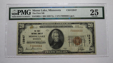 $20 1929 Moose Lake Minnesota MN National Currency Bank Note Bill Ch #12947 VF25