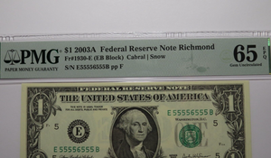 $1 2003 Near Solid Serial Number Federal Reserve Bank Note Bill UNC65 #55556555