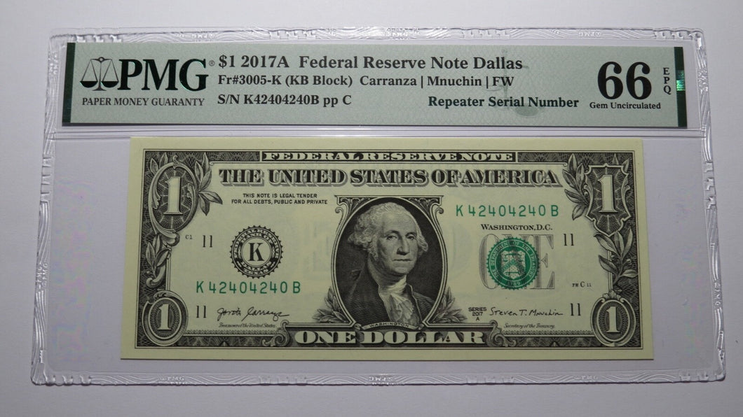 $1 2017 Repeater Serial Number Federal Reserve Currency Bank Note Bill PMG UNC66