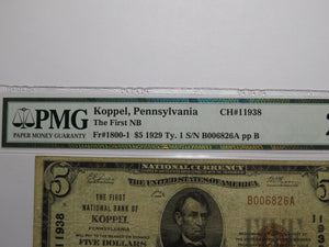 $5 1929 Koppel Pennsylvania National Currency Bank Note Bill Ch. #11938 VF20 PMG