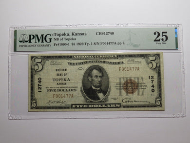 $5 1929 Topeka Kansas KS National Currency Bank Note Bill Ch. #12740 VF25 PMG