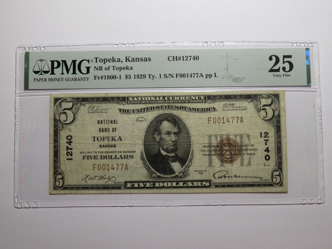 $5 1929 Topeka Kansas KS National Currency Bank Note Bill Ch. #12740 VF25 PMG