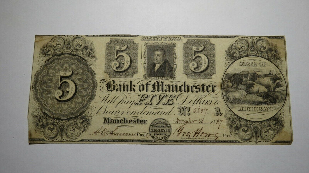 $5 1837 Manchester Michigan MI Obsolete Currency Bank Note Bill! Bank of MC!